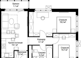 Двухкомнатная квартира на продажу, 59.8 м2, деревня Сапроново, микрорайон Купелинка, 7, ЖК Эко Видное 2.0
