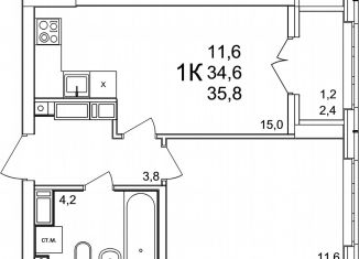 Однокомнатная квартира на продажу, 35.8 м2, деревня Анкудиновка, ЖК КМ Анкудиновский Парк