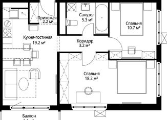 2-комнатная квартира на продажу, 59.9 м2, деревня Сапроново, микрорайон Купелинка, 7, ЖК Эко Видное 2.0