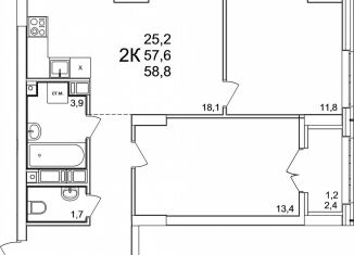 Продается 2-комнатная квартира, 58.8 м2, деревня Анкудиновка