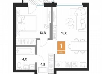 Продается однокомнатная квартира, 38.3 м2, Курск