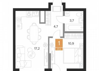 Продам однокомнатную квартиру, 37.2 м2, Курск