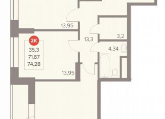 2-ком. квартира на продажу, 74.3 м2, Люберцы, Октябрьский проспект, 28А