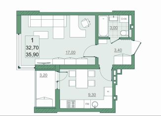 Однокомнатная квартира на продажу, 32.7 м2, Саратов, проспект Героев Отечества, 3А, ЖК Мята