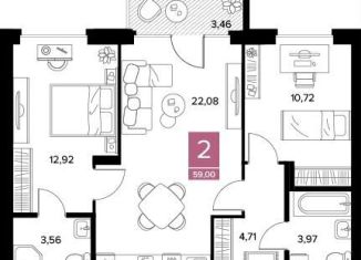 Продам 2-комнатную квартиру, 59 м2, Рязань