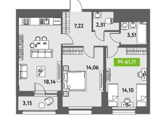 Продам 2-ком. квартиру, 61.1 м2, Санкт-Петербург, ЖК Триумф Парк