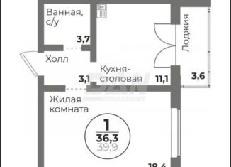 1-комнатная квартира на продажу, 36.3 м2, Челябинск, Комсомольский проспект, 145, ЖК Ньютон