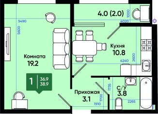 Однокомнатная квартира на продажу, 39 м2, Батайск, улица Олимпийское Кольцо, 36к16