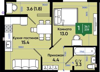 Однокомнатная квартира на продажу, 38.2 м2, Ростовская область, улица Олимпийское Кольцо, 36к9