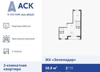 Продается двухкомнатная квартира, 58.8 м2, Краснодар, ЖК Зеленодар, улица Садовое Кольцо