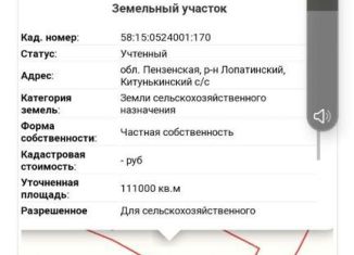 Участок на продажу, 1100 сот., село Лопатино