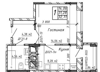 1-комнатная квартира на продажу, 32.7 м2, Калуга, Азаровская улица, 40к4, ЖК Марс