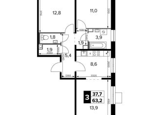 Продам трехкомнатную квартиру, 63.2 м2, Московская область