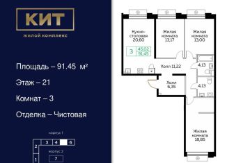 3-комнатная квартира на продажу, 91.5 м2, Мытищи, ЖК Кит, Новомытищинский проспект, 4А