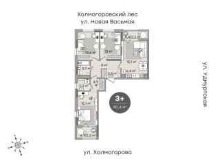 Трехкомнатная квартира на продажу, 90.4 м2, Ижевск, ЖК Парк-Квартал Атмосфера, Новая Восьмая улица, 3