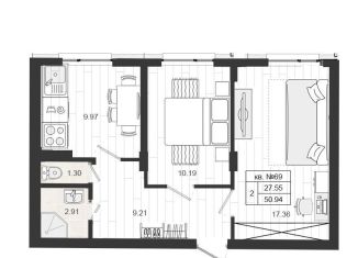 Продается двухкомнатная квартира, 50.9 м2, деревня Малое Верево, улица Кутышева, 9к2