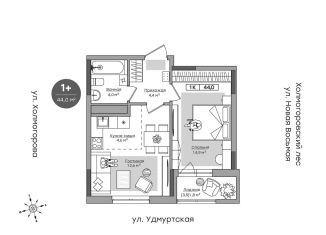 1-комнатная квартира на продажу, 42.3 м2, Ижевск, ЖК Парк-Квартал Атмосфера