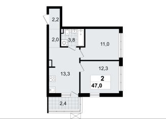 Продаю 2-ком. квартиру, 47 м2, Ленинградская область, микрорайон Южный, 3.2