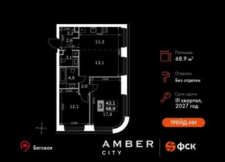 Продается 3-комнатная квартира, 68.9 м2, Москва, 3-й Хорошёвский проезд, 3Ас17, ЖК Хорошёвский