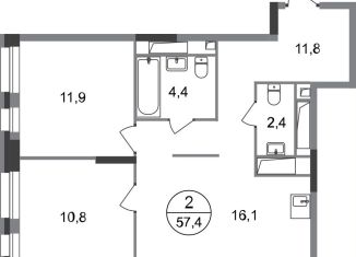 Продается 2-комнатная квартира, 57.4 м2, Московский