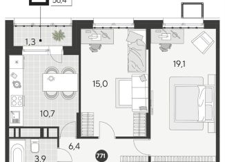 2-ком. квартира на продажу, 56.4 м2, Омск