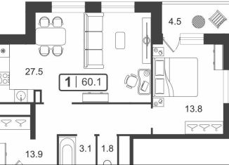 1-ком. квартира на продажу, 60.2 м2, Тюмень, улица Мельникайте, 2к18