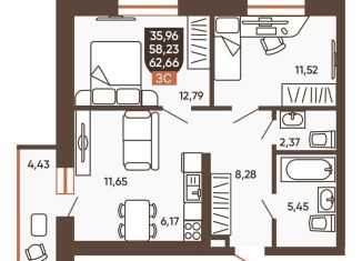 Трехкомнатная квартира на продажу, 60.5 м2, Новосибирск, метро Заельцовская, Новоуральская улица, 10