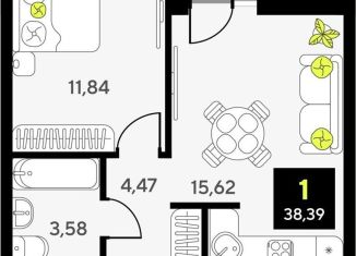 1-ком. квартира на продажу, 38.4 м2, Тюмень, улица Первооткрывателей, 15, Калининский округ