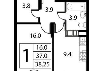 Продается 1-комнатная квартира, 38.3 м2, Московская область