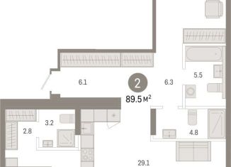 2-комнатная квартира на продажу, 89.5 м2, Тюмень