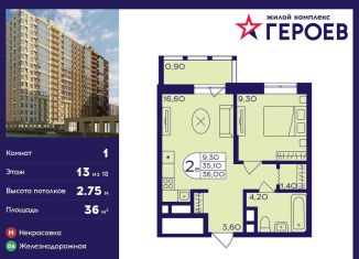 Продам 1-комнатную квартиру, 36 м2, Балашиха, ЖК Героев