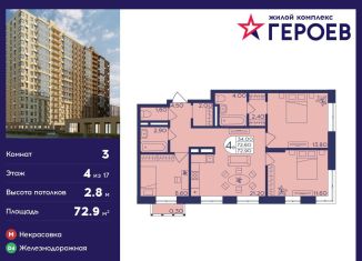 Продам 3-комнатную квартиру, 72.9 м2, Московская область