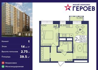 Продается 1-комнатная квартира, 39.5 м2, Балашиха, микрорайон Центр-2, к407с2, ЖК Героев