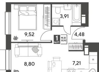 Продаю 1-ком. квартиру, 33.9 м2, Пушкино