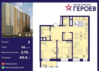 Продается 2-комнатная квартира, 60.8 м2, Балашиха, ЖК Героев, микрорайон Центр-2, к408