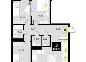 Продается трехкомнатная квартира, 100.8 м2, Тюменская область, улица Пожарных и Спасателей, 8