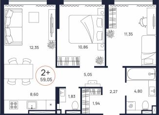 Продается 2-комнатная квартира, 59.1 м2, Тюменская область