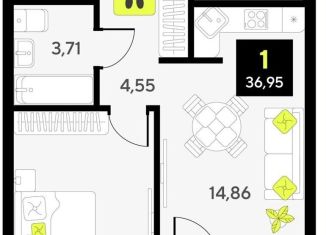 Продается однокомнатная квартира, 37 м2, Тюмень, Калининский округ, улица Первооткрывателей, 13