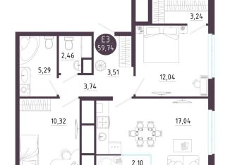 2-комнатная квартира на продажу, 59.7 м2, Рязань