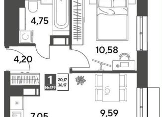 Продам 1-ком. квартиру, 36.2 м2, Московская область