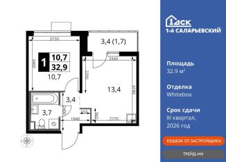 Продаю 1-комнатную квартиру, 32.9 м2, поселение Московский, жилой комплекс 1-й Саларьевский, 1