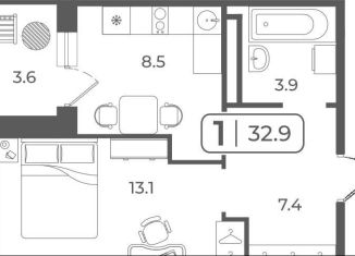 1-ком. квартира на продажу, 32.7 м2, Тюмень, ЖК Кватро