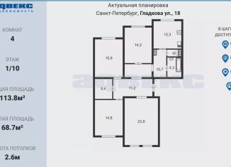 Продаю 4-ком. квартиру, 113.8 м2, Санкт-Петербург, улица Гладкова, 18