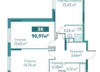 Продам трехкомнатную квартиру, 91 м2, Тюмень, ЖК Акватория, улица Павла Никольского, 6