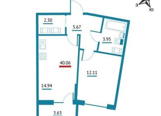 Продаю 1-комнатную квартиру, 40.1 м2, Мурино