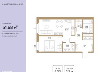 Продаю однокомнатную квартиру, 51.7 м2, Санкт-Петербург, Выборгский район, Малый Сампсониевский проспект, 2