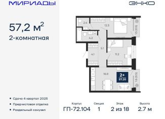 Продаю 2-комнатную квартиру, 57.2 м2, Тюмень