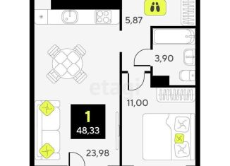 Продаю 1-ком. квартиру, 48.3 м2, Тюмень