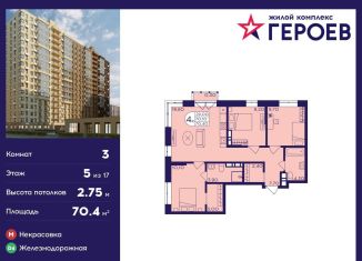 Продам 3-ком. квартиру, 70.4 м2, Балашиха, ЖК Героев