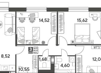 Продаю трехкомнатную квартиру, 81.9 м2, Пушкино